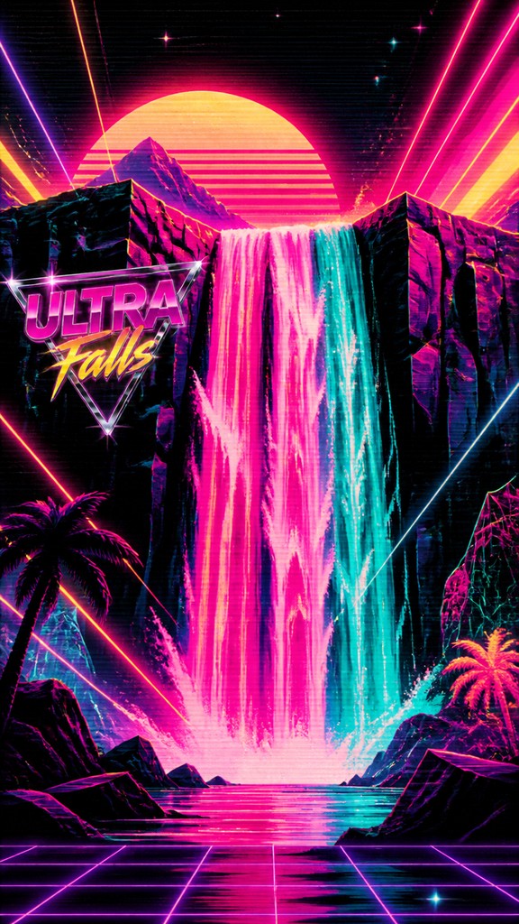 towering waterfall cascading down a cliff — 80s Retro Aesthetic