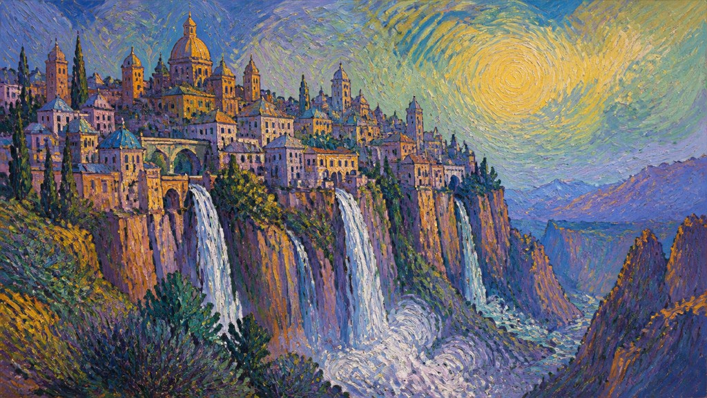 a cliffside city with waterfalls cascading into a misty canyon, wide establishing shot, no people, no text — Post-Impressionism Art Style concept art