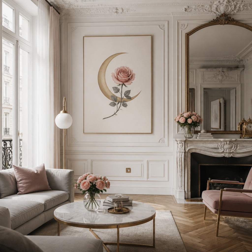 a rose entwined with a crescent moon, clean balanced composition on a plain background, no text — Parisian Apartment Interior Design tattoo design