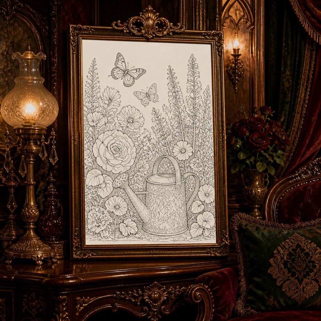 a garden scene with butterflies, flowers and a watering can, clean uncolored line art, no text — Victorian Furniture Art coloring page