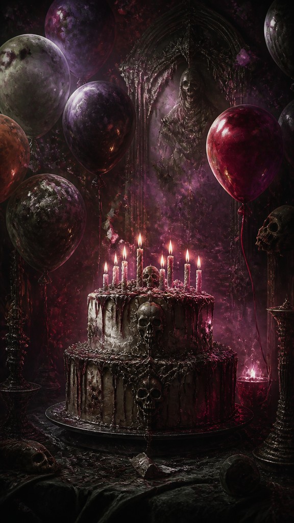 a birthday cake with lit candles surrounded by balloons and confetti, festive vertical composition, no text — Dark Fantasy Art birthday card
