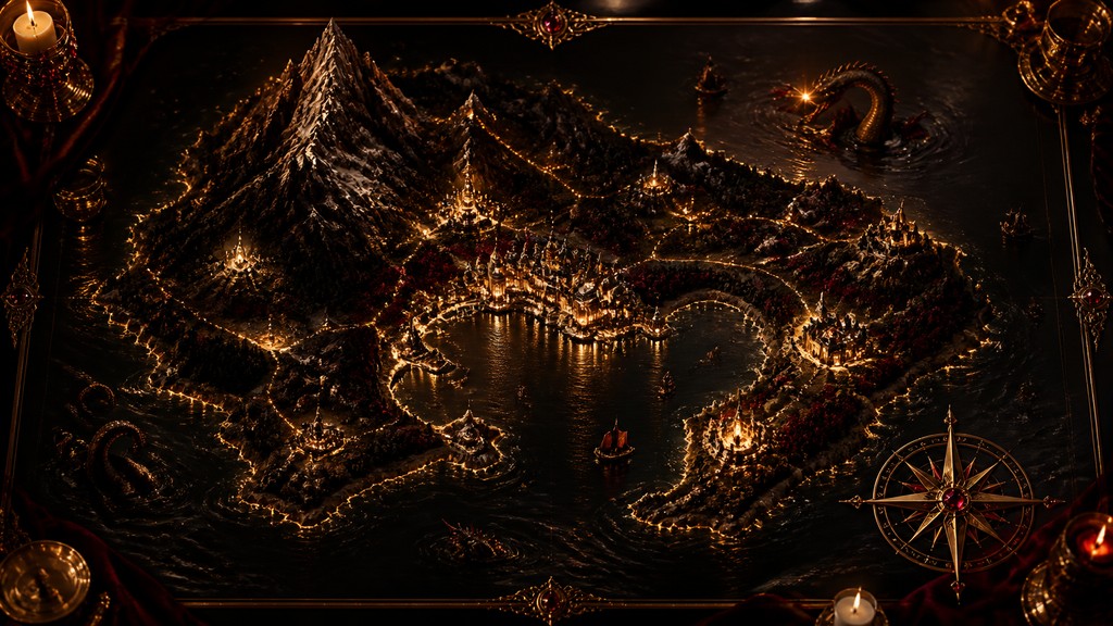 a map of an island realm with mountains, forests, a sheltered bay, sea monsters in the water and a compass rose, no text labels — Night Luxe Aesthetic fantasy map