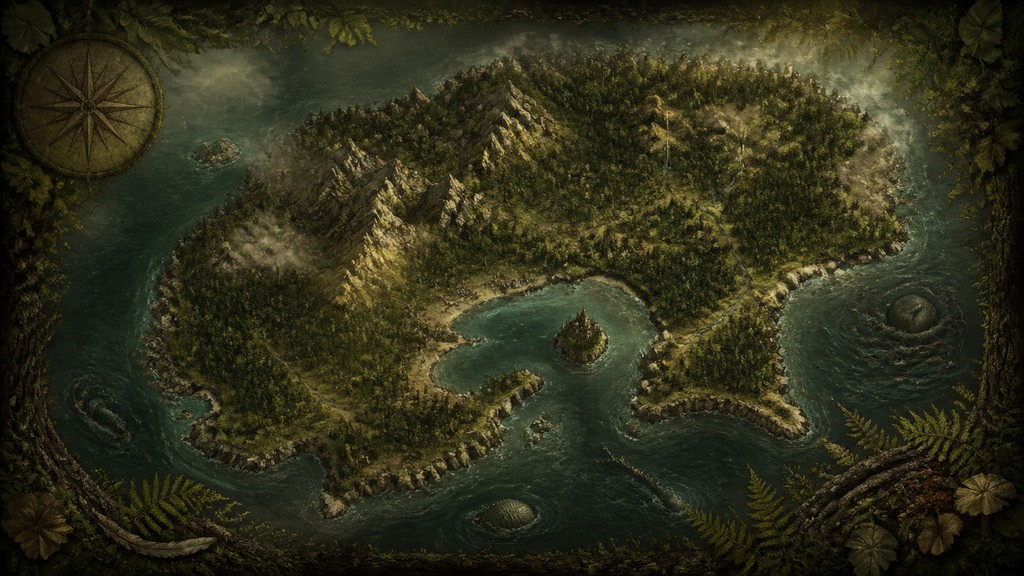 a map of an island realm with mountains, forests, a sheltered bay, sea monsters in the water and a compass rose, no text labels — Forestcore Aesthetic fantasy map