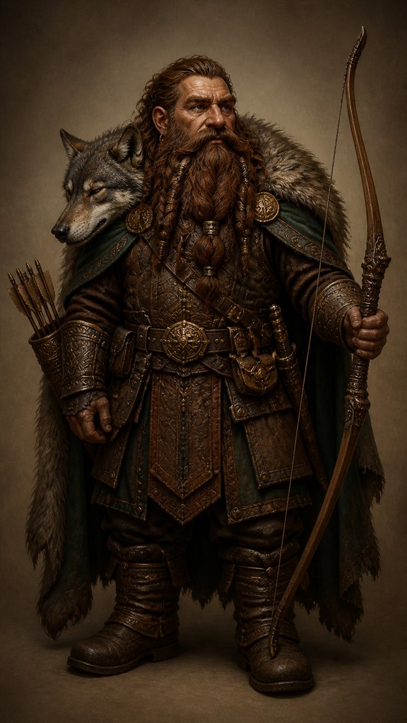 full-body original character: a dwarven ranger with a braided auburn beard, worn leather armor, a longbow and a wolf-pelt cloak, neutral background, no text — Victorian Furniture Art tabletop character portrait