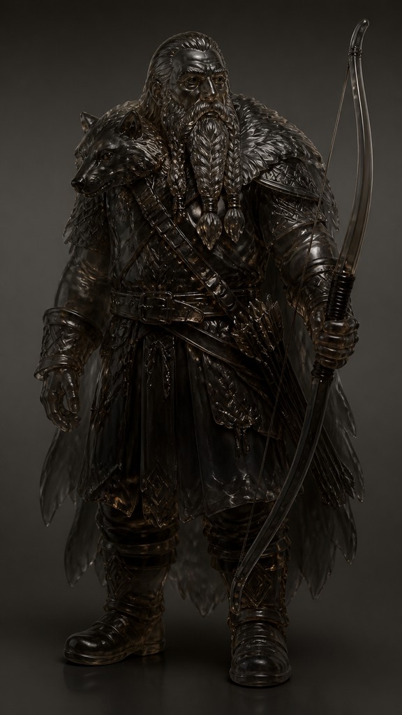 full-body original character: a dwarven ranger with a braided auburn beard, worn leather armor, a longbow and a wolf-pelt cloak, neutral background, no text — Smoked Glass tabletop character portrait