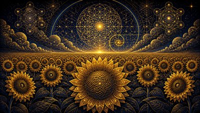 an endless field of sunflowers under summer clouds, no people — Sacred Geometric Art wallpaper