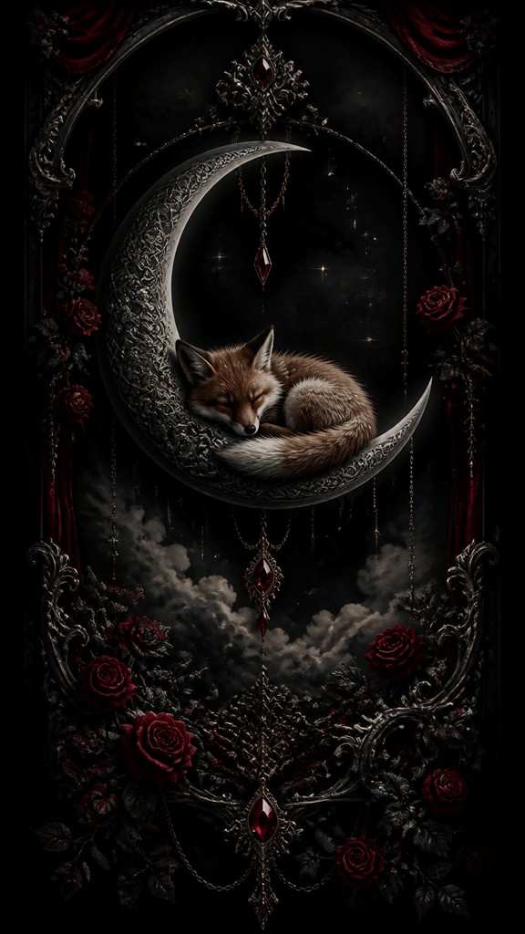 a sleeping baby fox curled on a crescent moon among soft stars, gentle and warm, no text — Gothic Fashion Design baby announcement