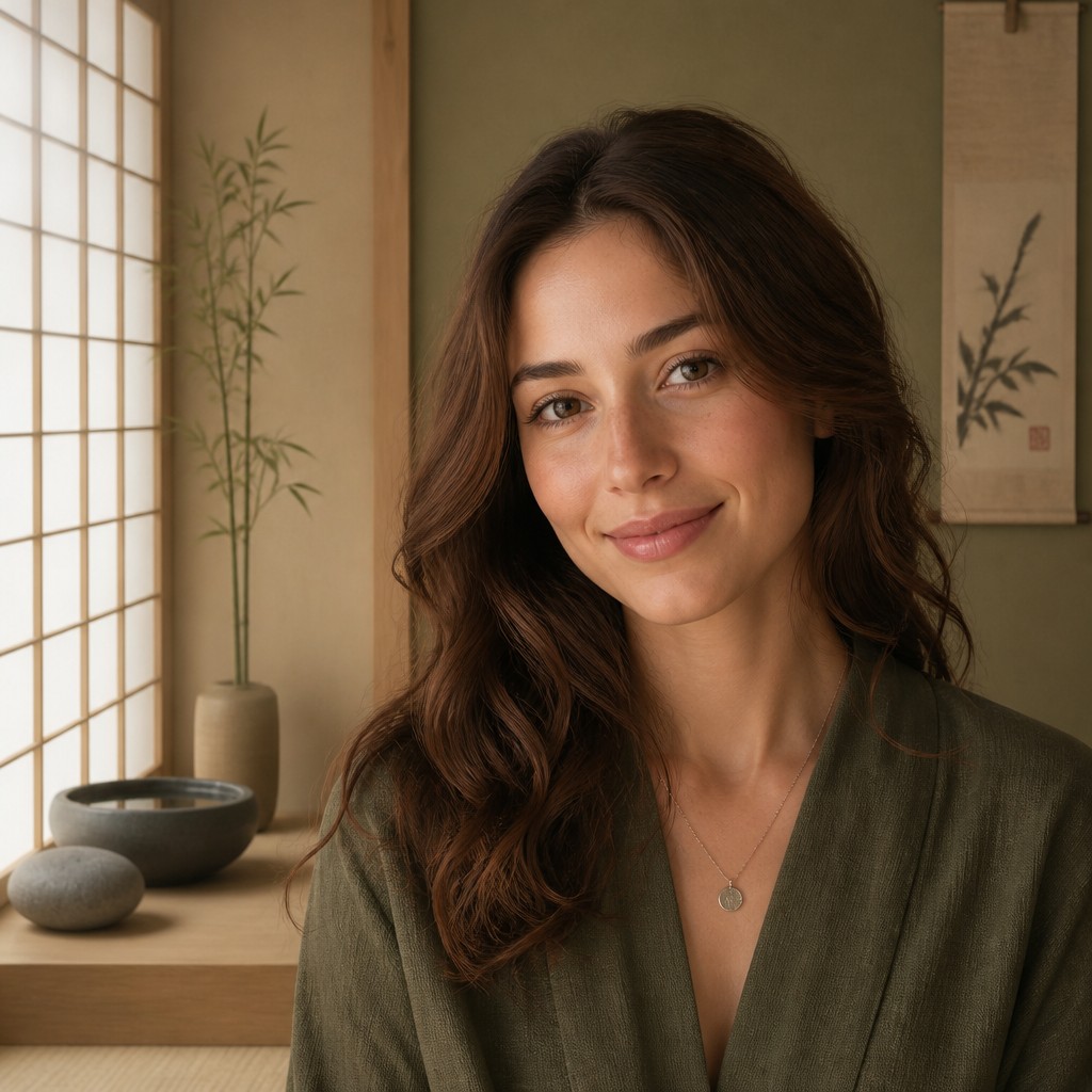head-and-shoulders portrait of an original character: a young woman with wavy chestnut hair and a warm smile, plain soft backdrop — Zen Interior Design profile picture