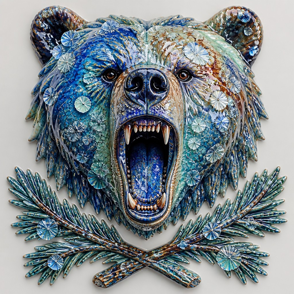 a roaring bear head above crossed pine branches, bold graphic composition on a plain background, no text — Crystalline Glaze Ceramic Art Style t-shirt design