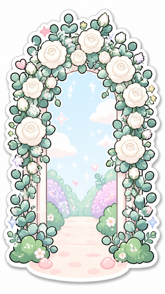 an arch of white roses and eucalyptus in soft morning light, elegant vertical composition with open space, no text — Kawaii Sticker Design wedding invitation