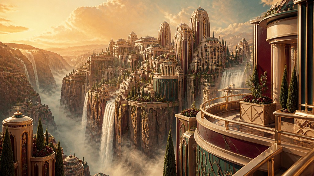a cliffside city with waterfalls cascading into a misty canyon, wide establishing shot, no people, no text — Vintage Retro Fashion Design concept art
