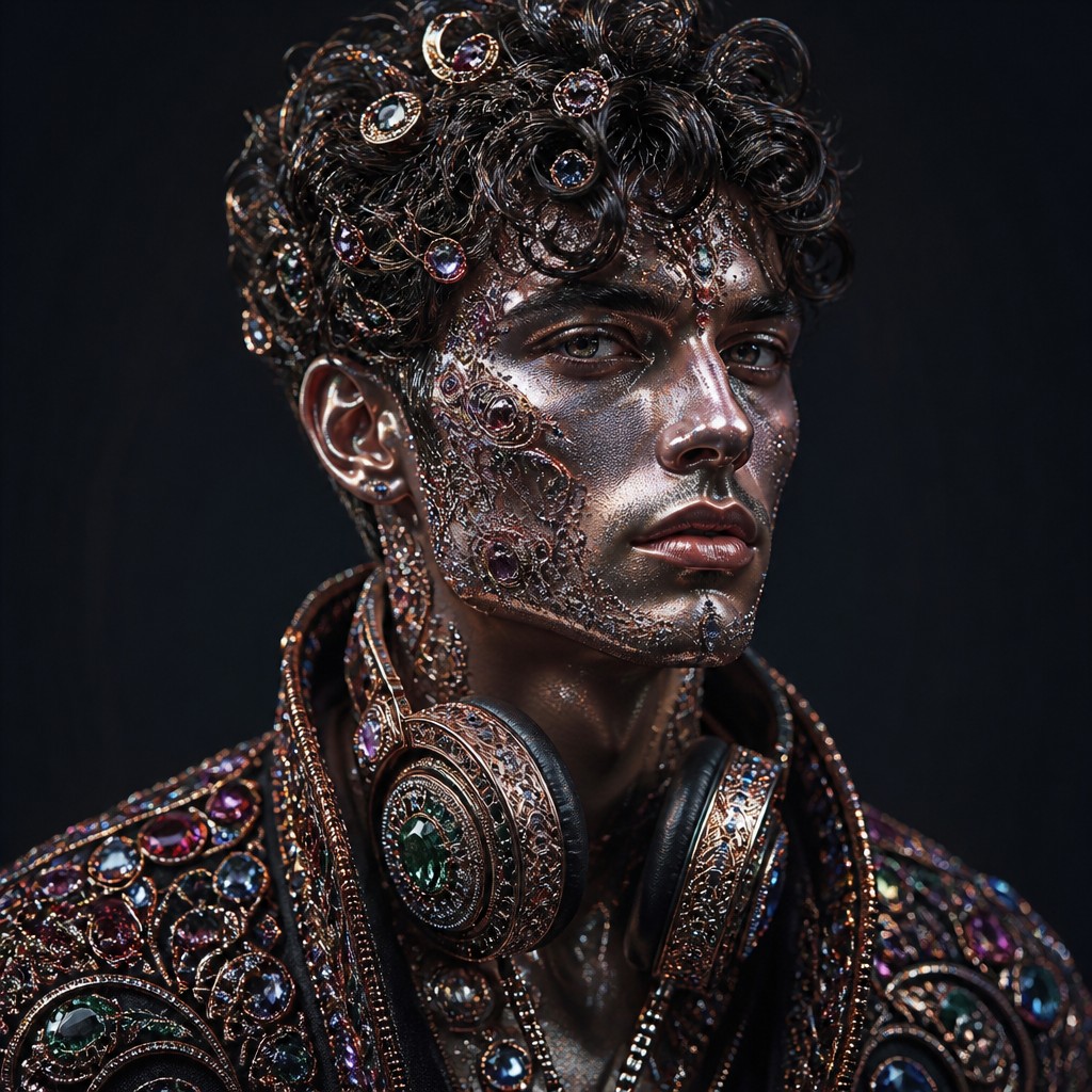 head-and-shoulders portrait of an original character: a young man with curly dark hair and headphones around his neck, plain backdrop, no text — Luxury High Jewelry Design Discord profile picture