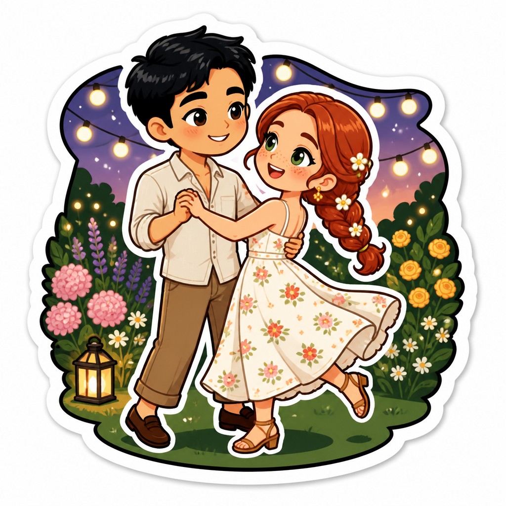 an original couple dancing under string lights in a garden at dusk: a man with short black hair in a linen shirt and a woman with braided red hair in a summer dress — Character Sticker Design couple portrait