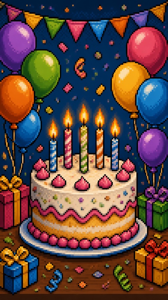 a birthday cake with lit candles surrounded by balloons and confetti, festive vertical composition, no text — 16-Bit Pixel Art Style birthday card