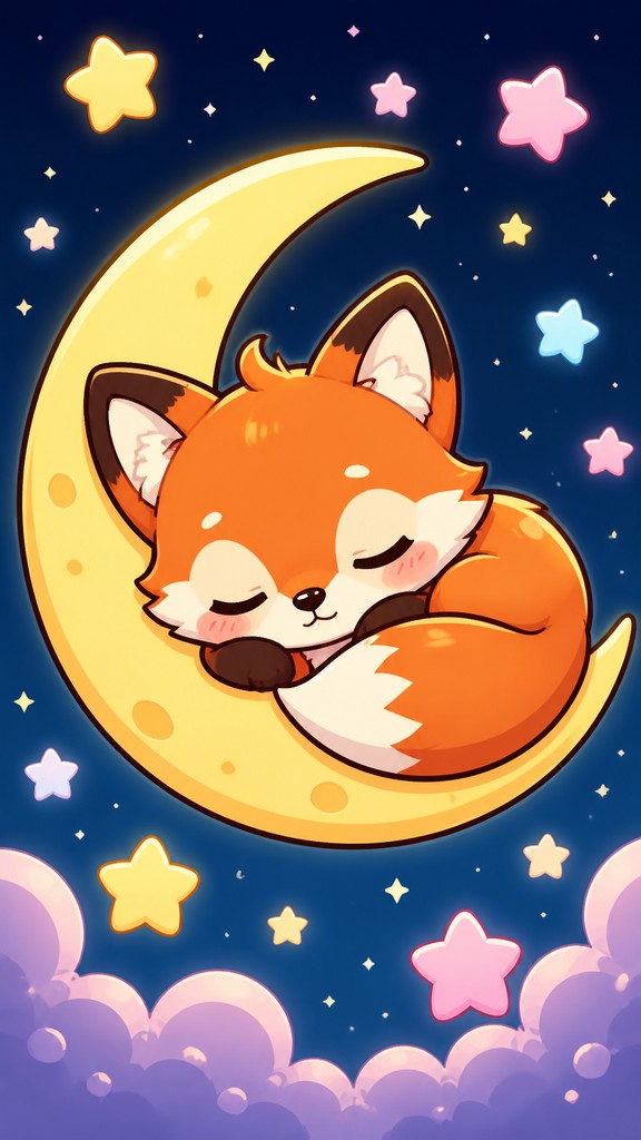 a sleeping baby fox curled on a crescent moon among soft stars, gentle and warm, no text — Chibi Anime Art Style baby announcement