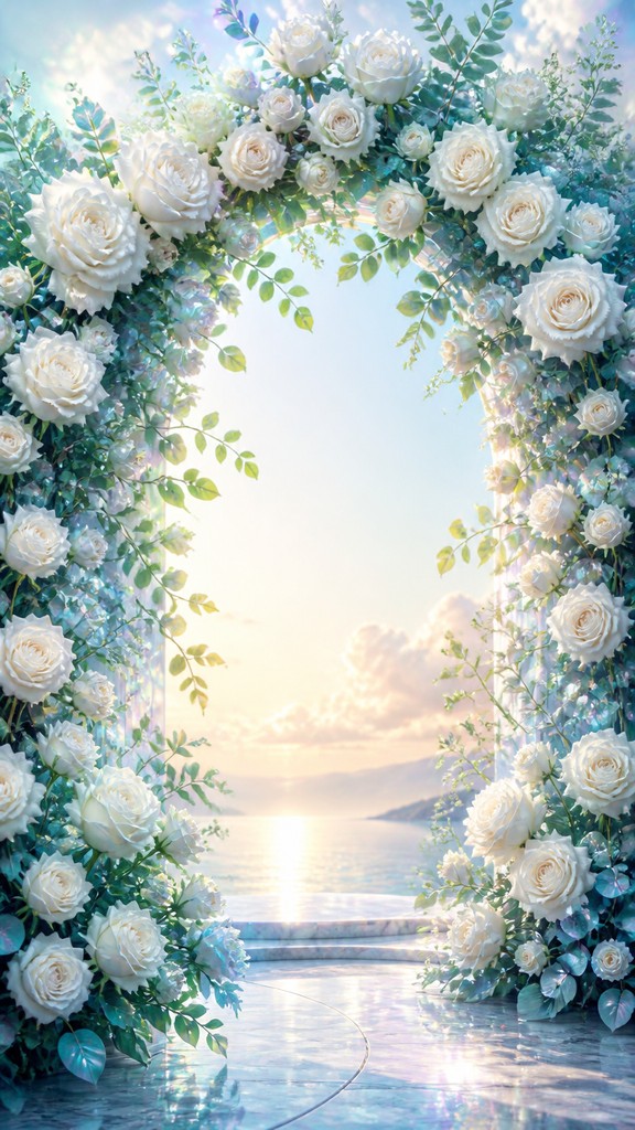 an arch of white roses and eucalyptus in soft morning light, elegant vertical composition with open space, no text — Digital Art Style wedding invitation