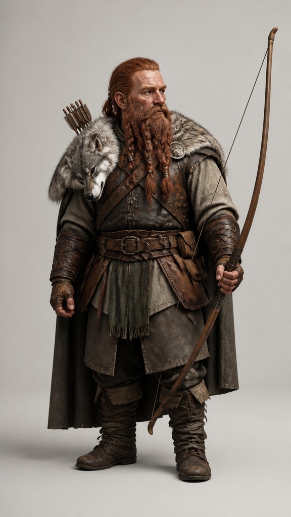 full-body original character: a dwarven ranger with a braided auburn beard, worn leather armor, a longbow and a wolf-pelt cloak, neutral background, no text — Minimalist Fashion Design tabletop character portrait