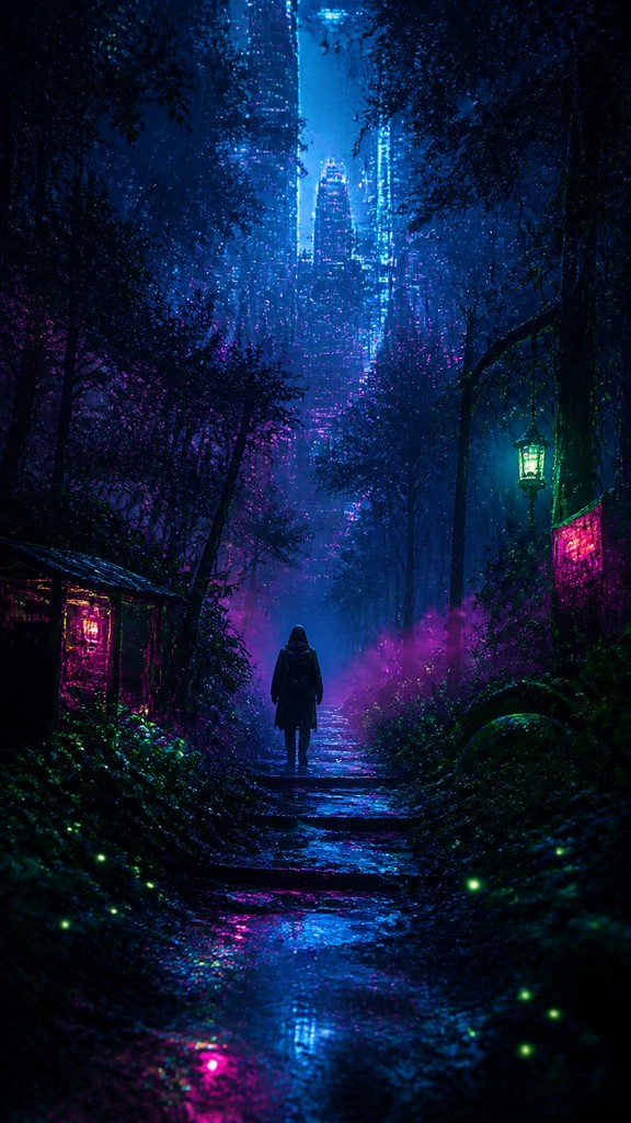 a mysterious forest path with fireflies and drifting mist, atmospheric vertical composition with open space at the top, no text — Cyberpunk Art Style book cover
