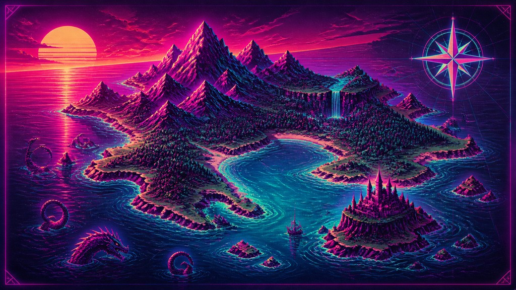 a map of an island realm with mountains, forests, a sheltered bay, sea monsters in the water and a compass rose, no text labels — Miami Vice fantasy map