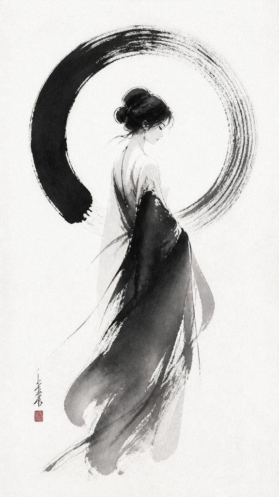 full-length portrait of an elegant figure — Zen Circle Minimalism Art Style