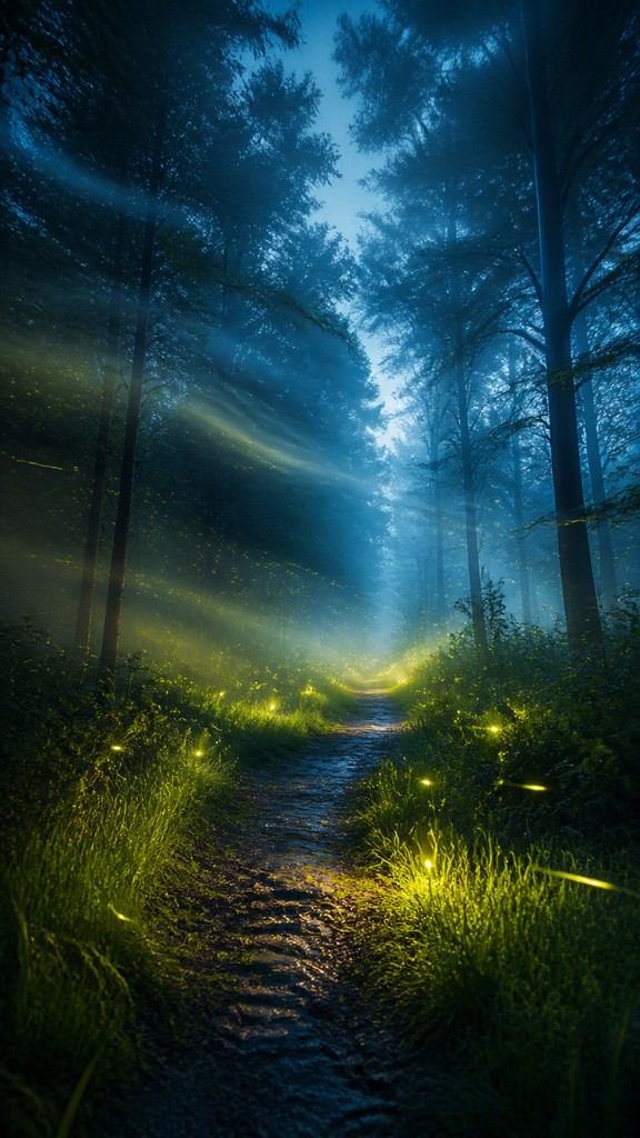 a mysterious forest path with fireflies and drifting mist, atmospheric vertical composition with open space at the top, no text — Long Exposure Photography Style book cover
