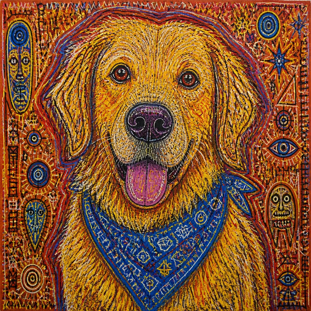 portrait of a golden retriever wearing a blue bandana, warm plain backdrop, no text — Outsider Art Style pet portrait
