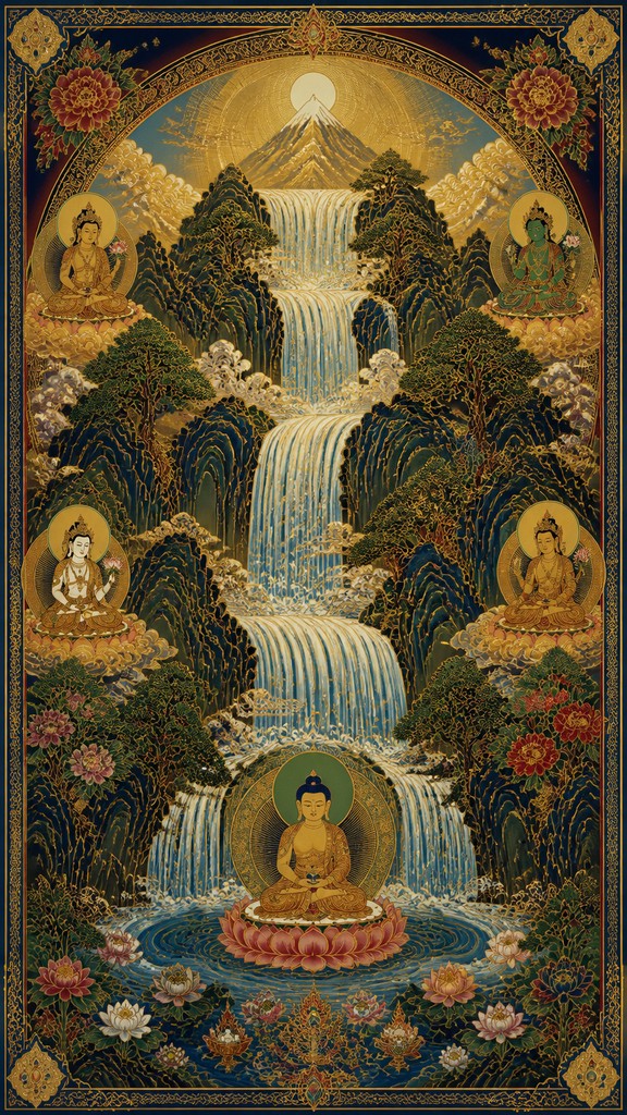 towering waterfall cascading down a cliff — Buddhist Religious Art