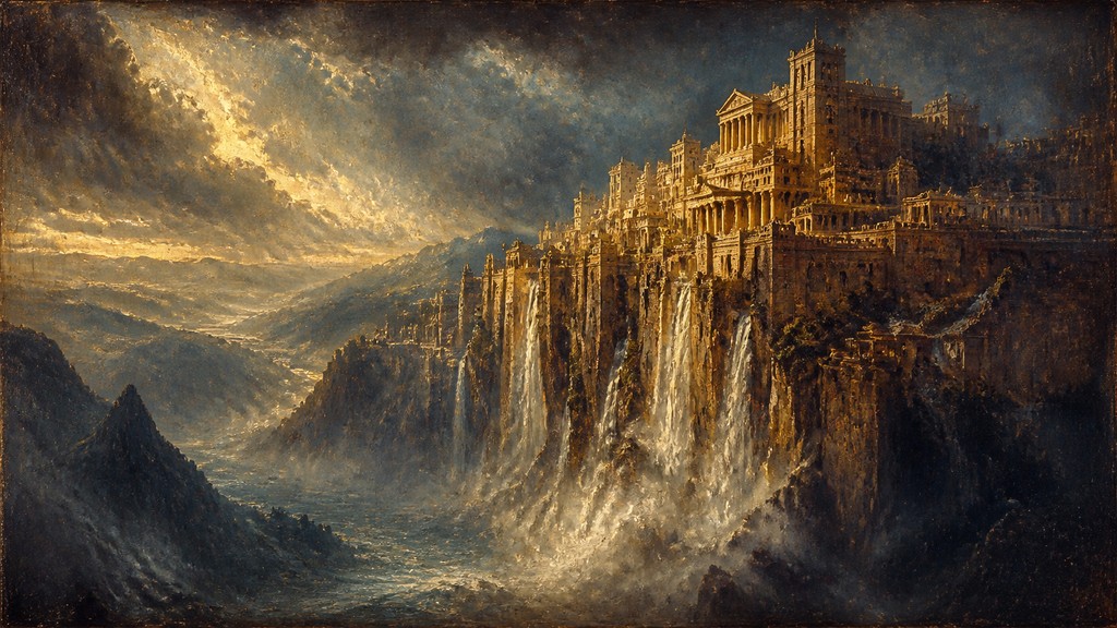 a cliffside city with waterfalls cascading into a misty canyon, wide establishing shot, no people, no text — Romantic Landscape Art Style concept art