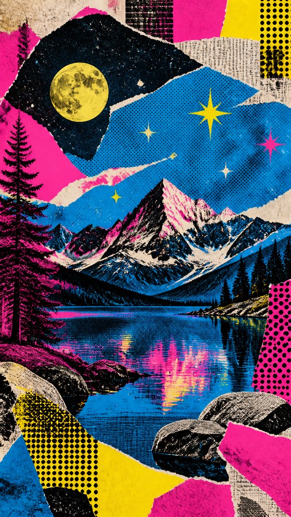 a tranquil mountain lake beneath a starry night sky, no people, no text — Collage Pop Art Style phone wallpaper