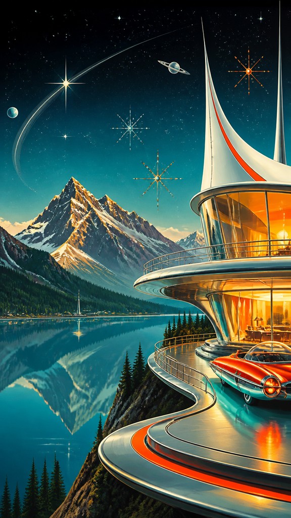 a tranquil mountain lake beneath a starry night sky, no people, no text — Retro Futurism Sci-Fi Art phone wallpaper