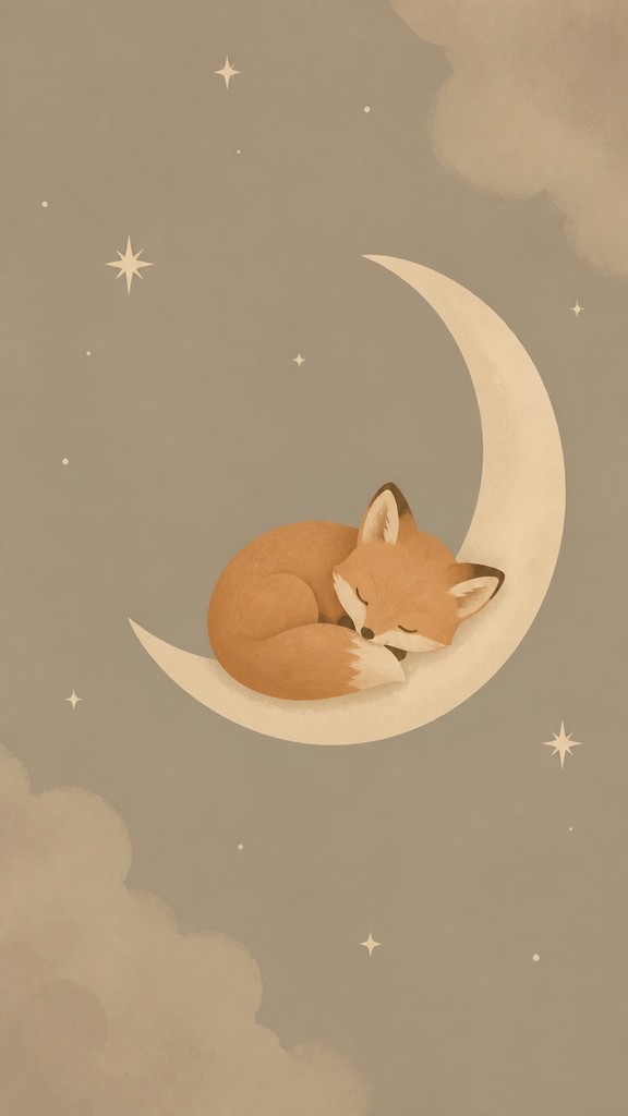 a sleeping baby fox curled on a crescent moon among soft stars, gentle and warm, no text — Minimalist Nature Art baby announcement
