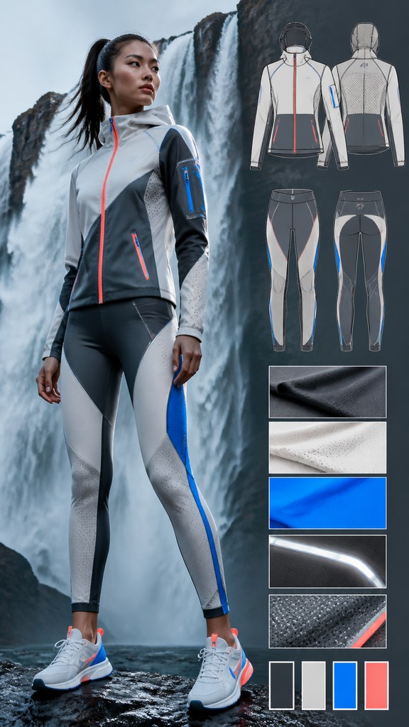 towering waterfall cascading down a cliff — Athleisure Fashion Design