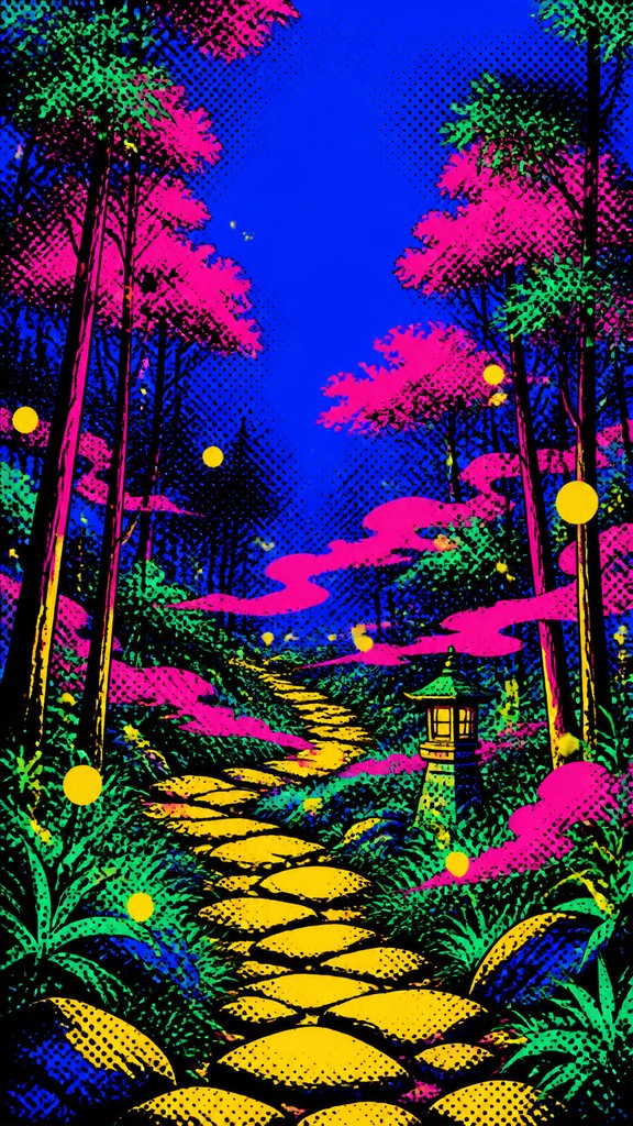 a mysterious forest path with fireflies and drifting mist, atmospheric vertical composition with open space at the top, no text — Pop Art Still Life Art Style book cover