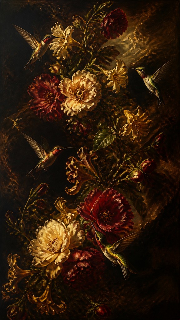 a climbing vine of flowers and hummingbirds on a dark background, tall wrapping composition, no text — Baroque Art Style phone case design
