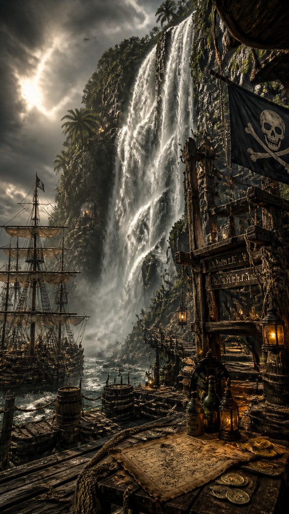 towering waterfall cascading down a cliff — Piratecore Aesthetic