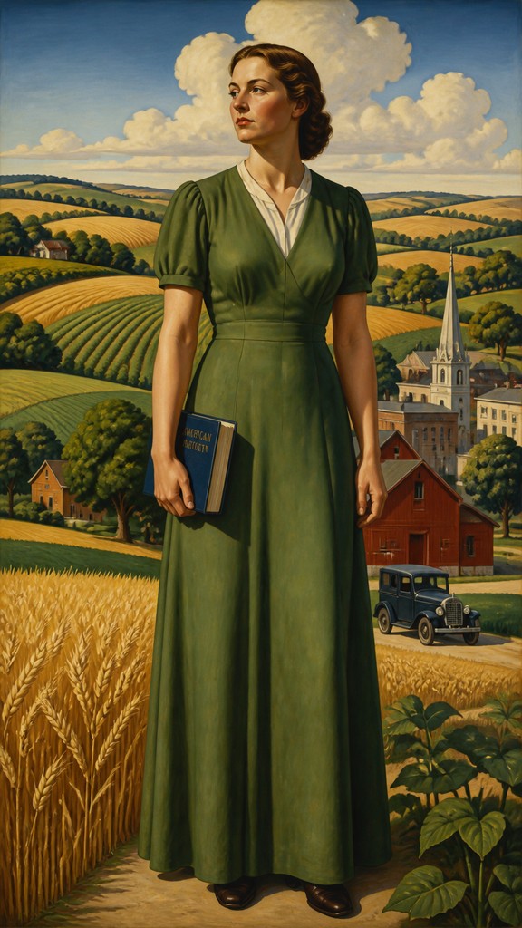 full-length portrait of an elegant figure — American Regionalism Art Style