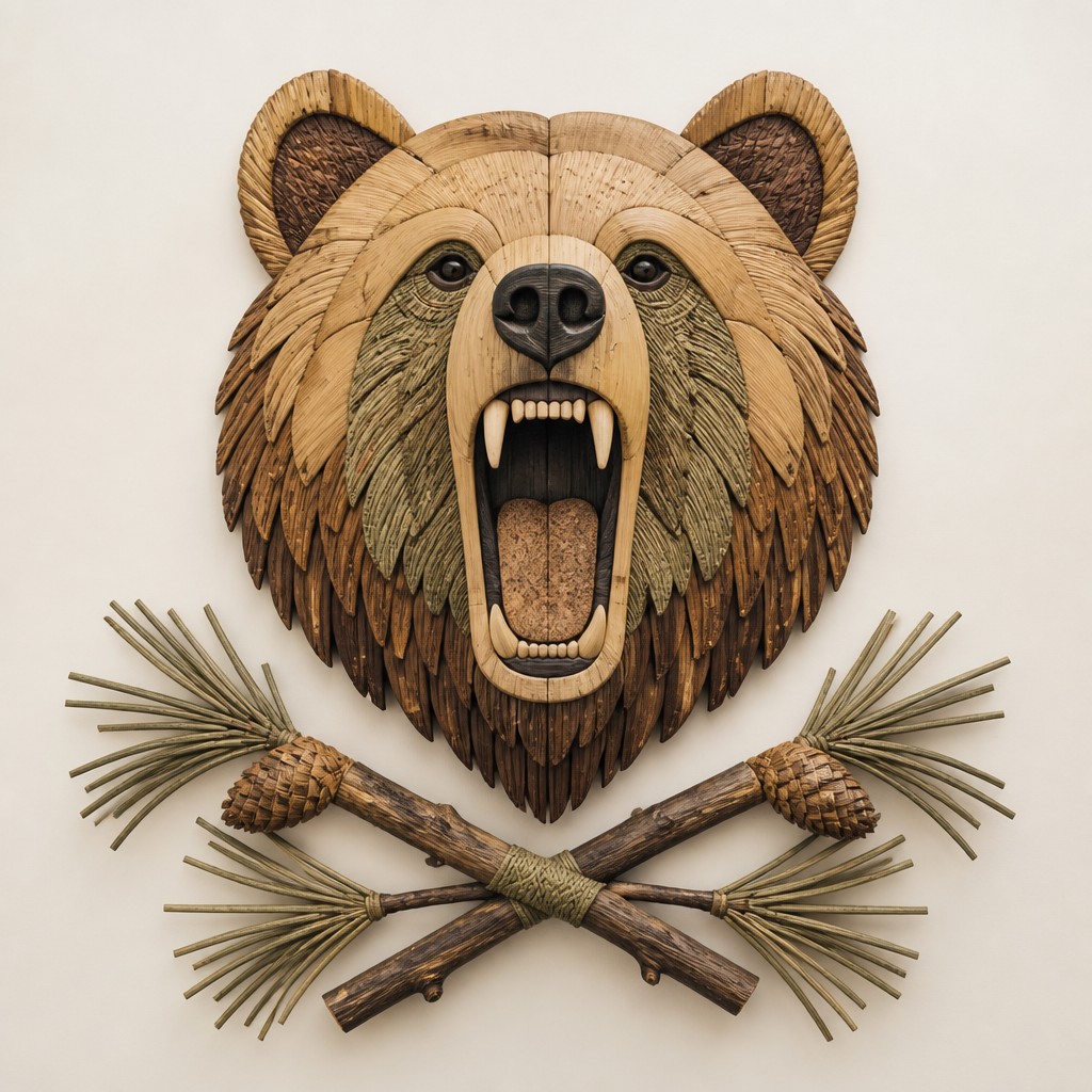 a roaring bear head above crossed pine branches, bold graphic composition on a plain background, no text — Sustainable Eco Furniture Art t-shirt design