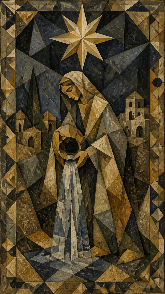 a robed figure pouring water beneath a large eight-pointed star in a night sky, symmetrical composition with an ornate decorative border, no text — Cubism Art Style tarot card