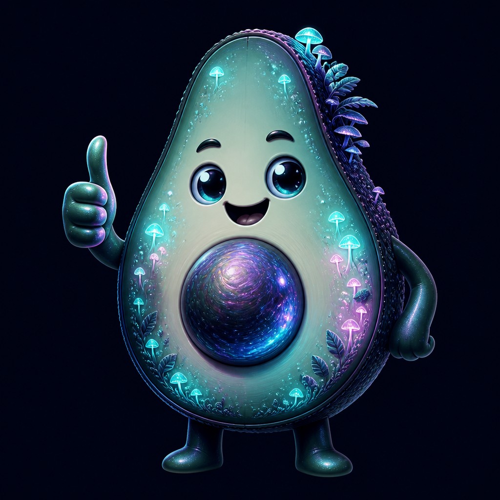 a happy avocado character giving a thumbs up, bold readable design on a plain background, no text — Lunarpunk Aesthetic sticker