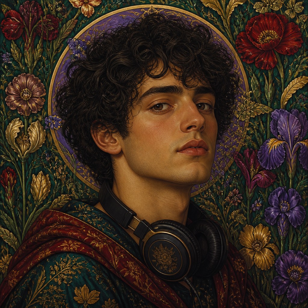 head-and-shoulders portrait of an original character: a young man with curly dark hair and headphones around his neck, plain backdrop, no text — Pre-Raphaelite Art Style Discord profile picture