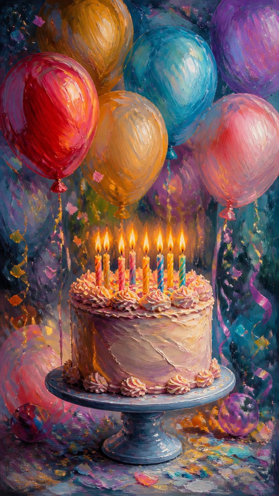 a birthday cake with lit candles surrounded by balloons and confetti, festive vertical composition, no text — Digital Painting Art Style birthday card