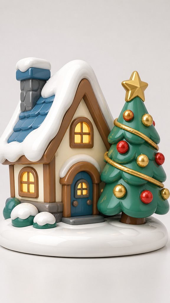 a snow-covered cottage with warm glowing windows beside a decorated pine tree, gentle snowfall, no text — Designer Vinyl Toy Art Christmas card