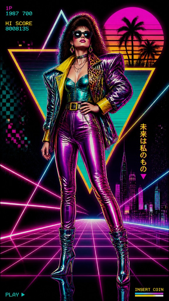 full-length portrait of an elegant figure — 80s Retro Aesthetic