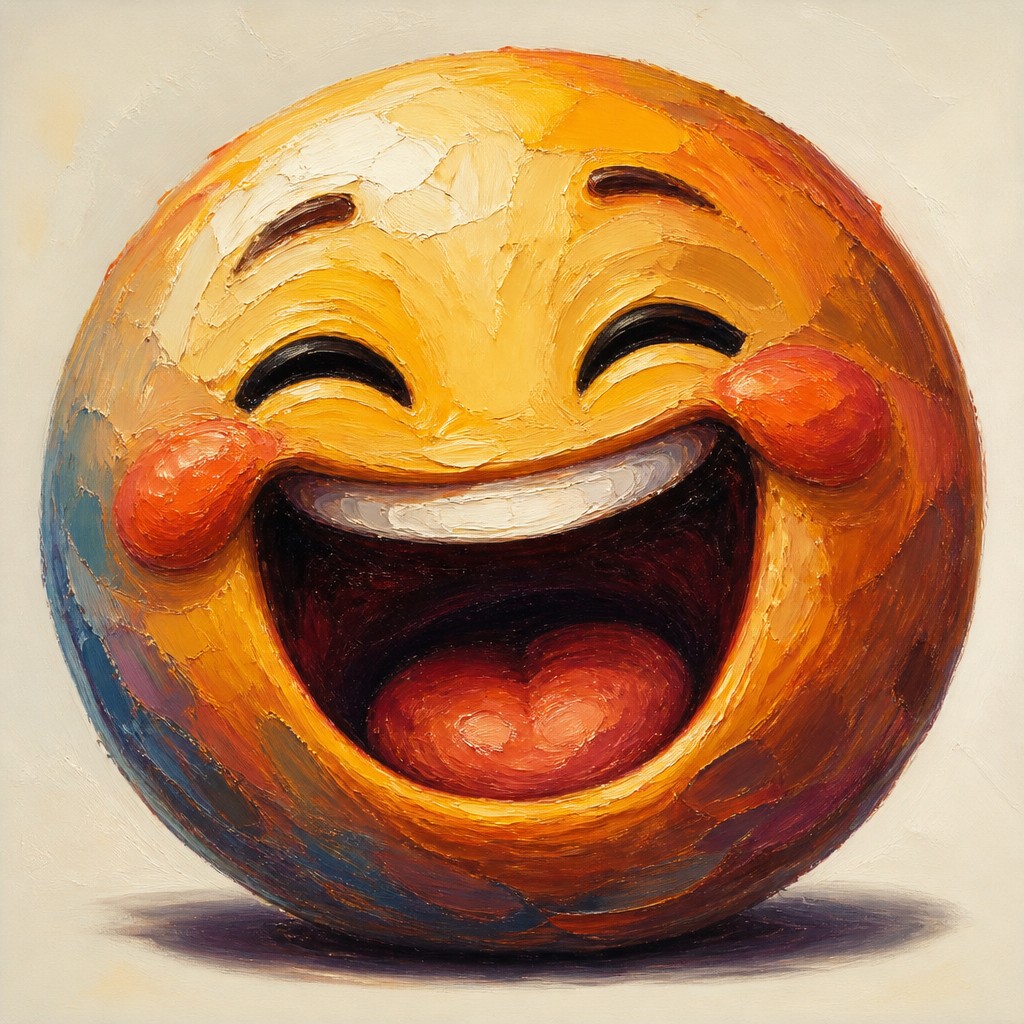 an exaggerated laughing face of an original round mascot character, bold and readable at small size, plain background, no text — Oil Portrait Art Style Twitch emote