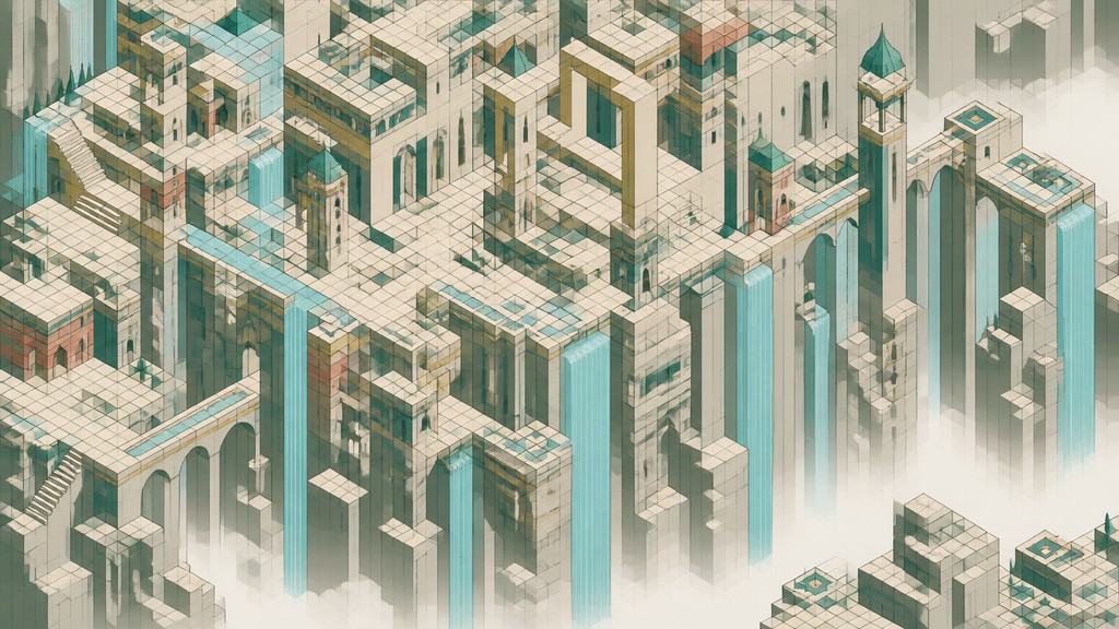 a cliffside city with waterfalls cascading into a misty canyon, wide establishing shot, no people, no text — Isometric Geometric Art concept art