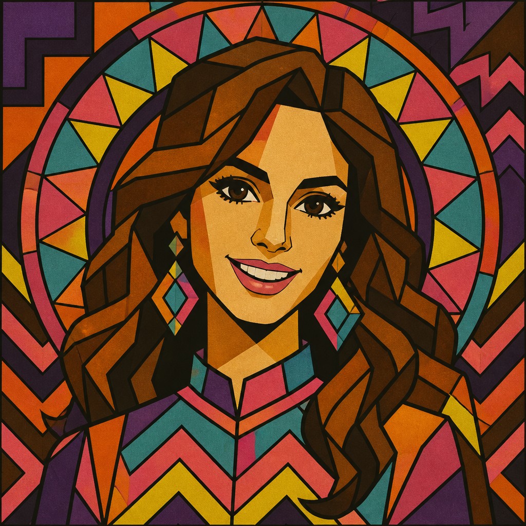 head-and-shoulders portrait of an original character: a young woman with wavy chestnut hair and a warm smile, plain soft backdrop — Retro Geometric Art profile picture