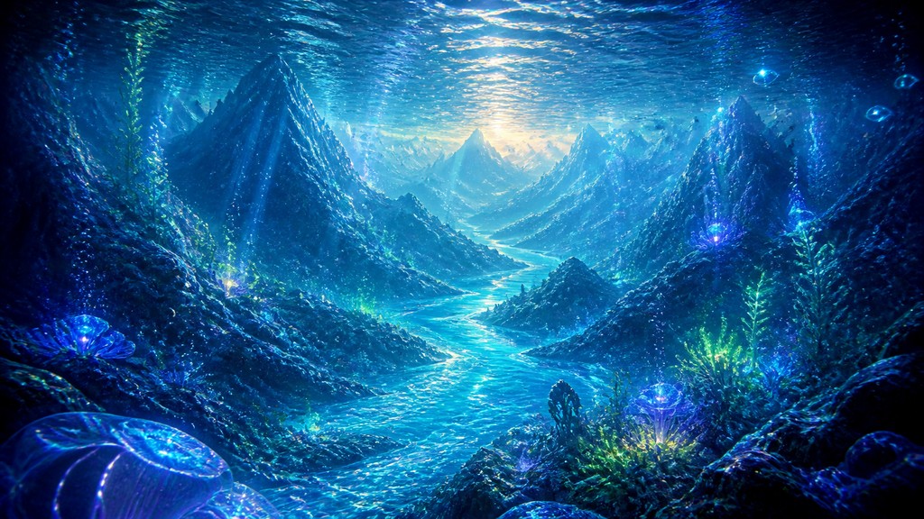 a vast valley with a river winding toward distant mountains at sunrise, no people, no text — Underwater Fantasy Art desktop wallpaper