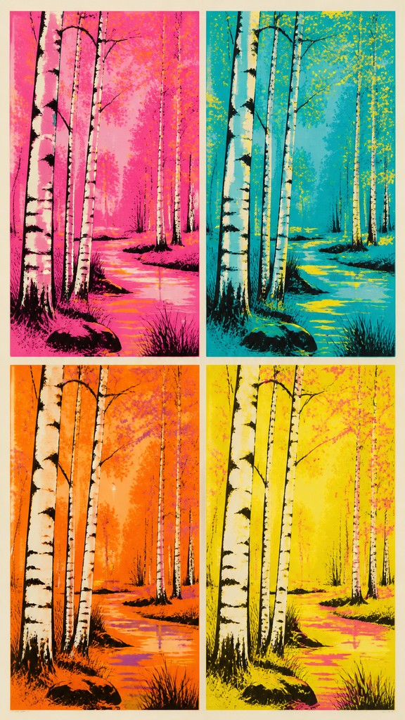 a serene birch forest in soft morning light, no people, no text — Celebrity Portrait Pop Art Style wall art print