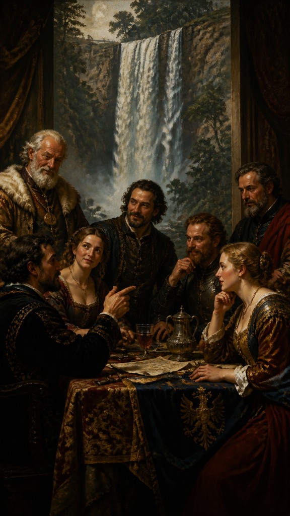 towering waterfall cascading down a cliff — Group Portrait Painting Style