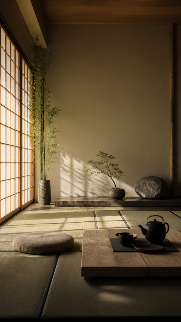 a mysterious forest path with fireflies and drifting mist, atmospheric vertical composition with open space at the top, no text — Zen Interior Design book cover